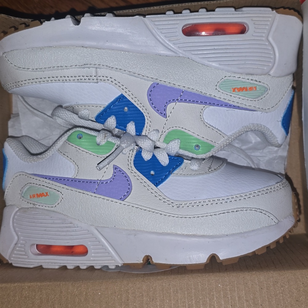 Nike Kids Sneakers in White with Purple and Green Accents Gently Worn